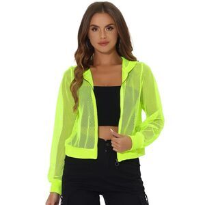 Hoodie Jacket Zip Up Long Sleeve Mesh Sheer Bomber Jackets Neon Yellow